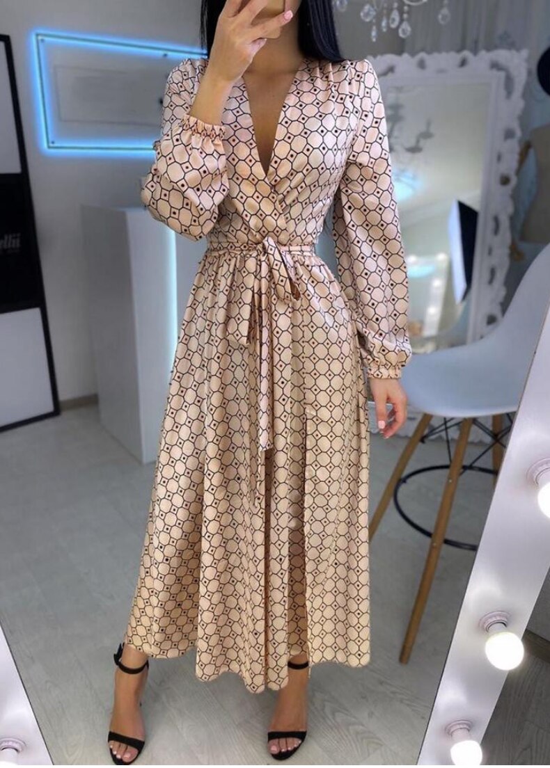 Geometry Polkadot Print V Neck Wrap Long Dress - Elegant Women Plunge Wrap Party Dress Maxi Dresses Vestidos