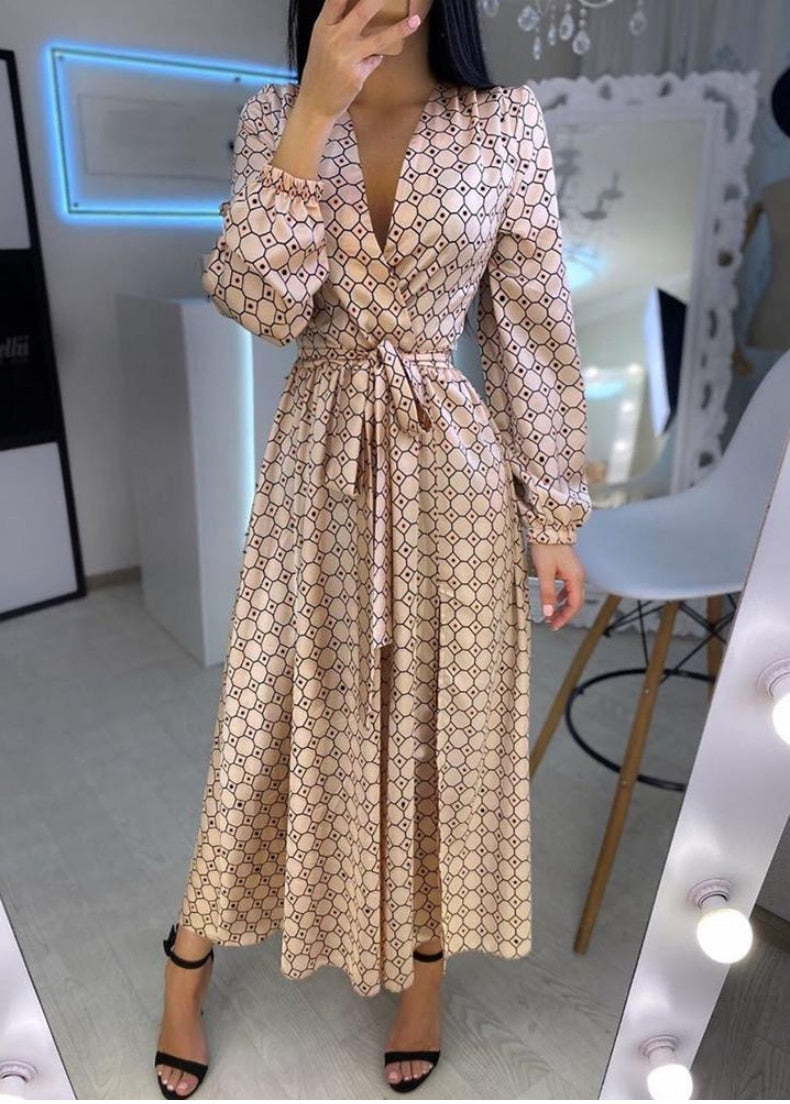 Geometry Polkadot Print V Neck Wrap Long Dress - Elegant Women Plunge Wrap Party Dress Maxi Dresses Vestidos