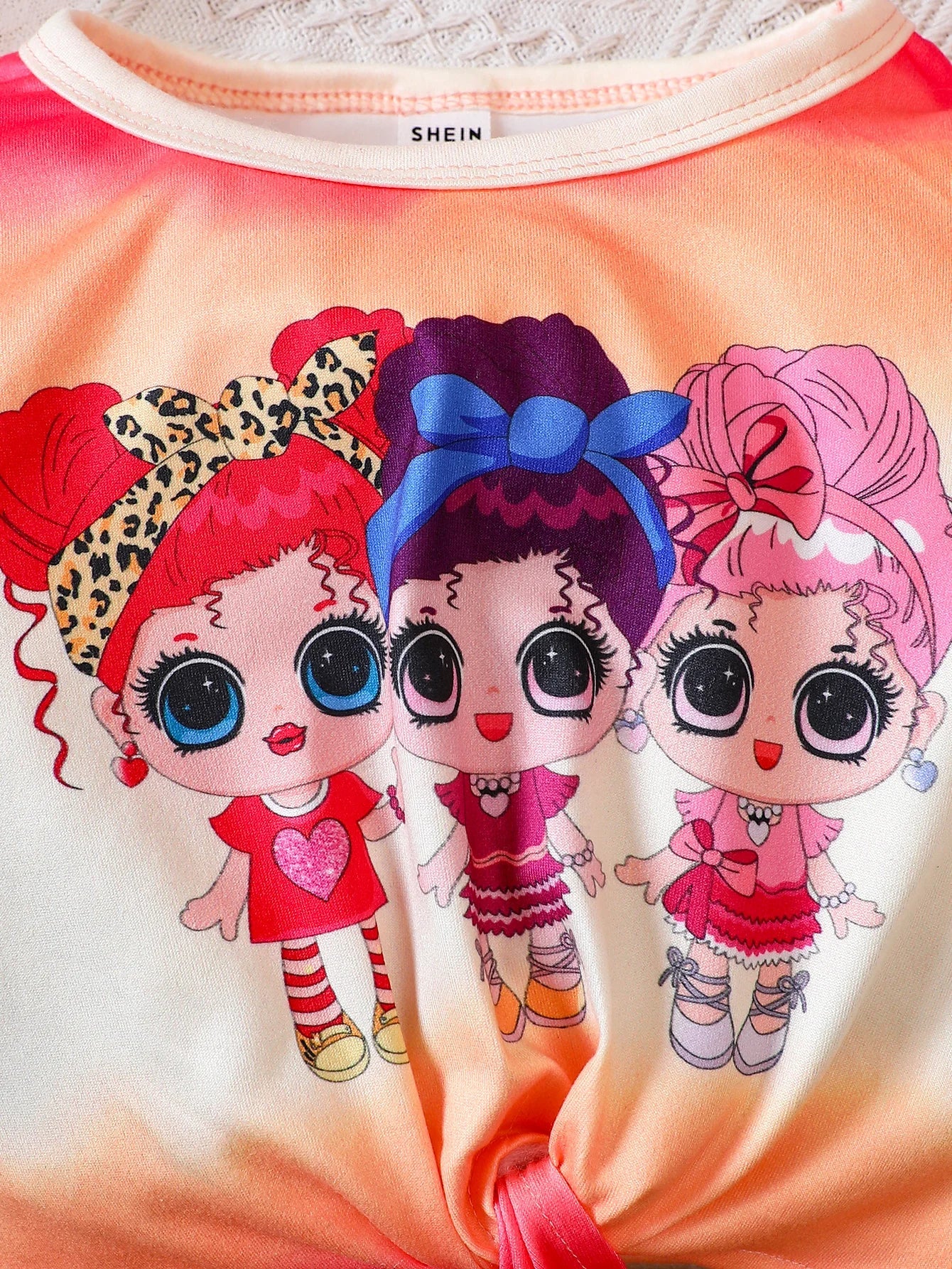 Girls' Clothing Set Round Neck Long Sleeve Cartoon Print Folded Bow Knot Broken Pants Set Girls' Fashion Set