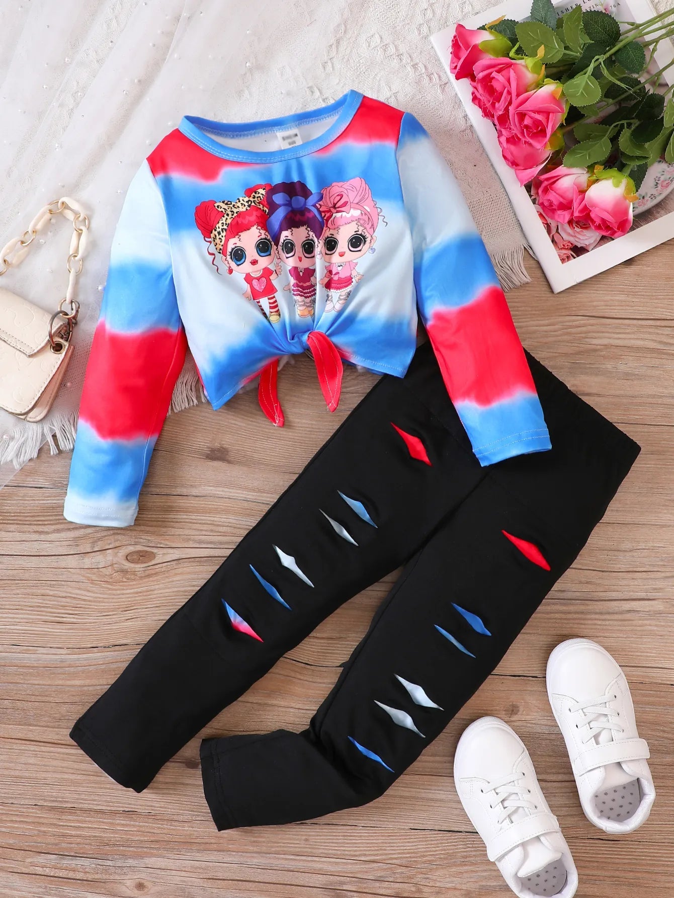 Girls' Clothing Set Round Neck Long Sleeve Cartoon Print Folded Bow Knot Broken Pants Set Girls' Fashion Set