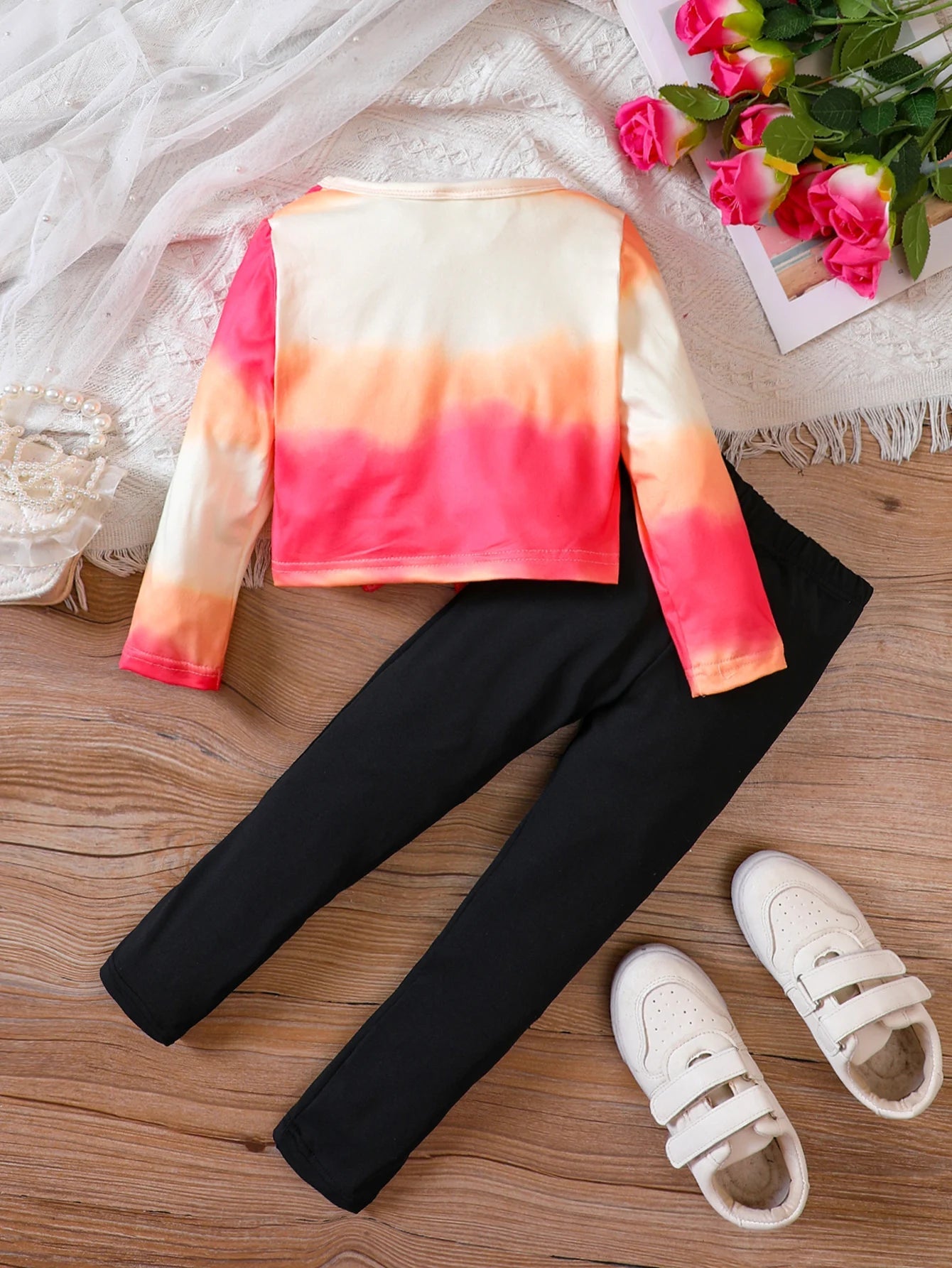 Girls' Clothing Set Round Neck Long Sleeve Cartoon Print Folded Bow Knot Broken Pants Set Girls' Fashion Set