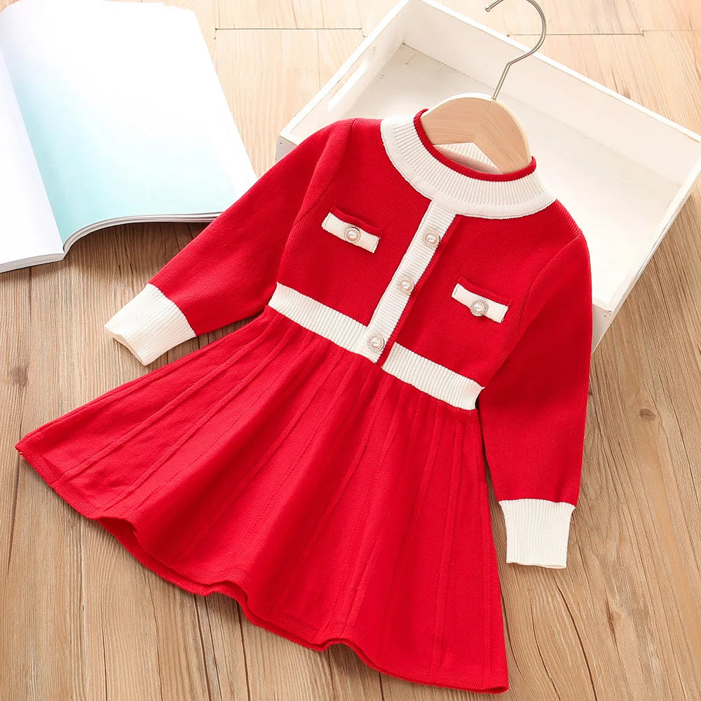 Girls Dress Winter Knitting Sweater Dress Autumn Long Sleeve Princess Dress Vestidos Warm Toddler Girl Clothes Kids Clothing red