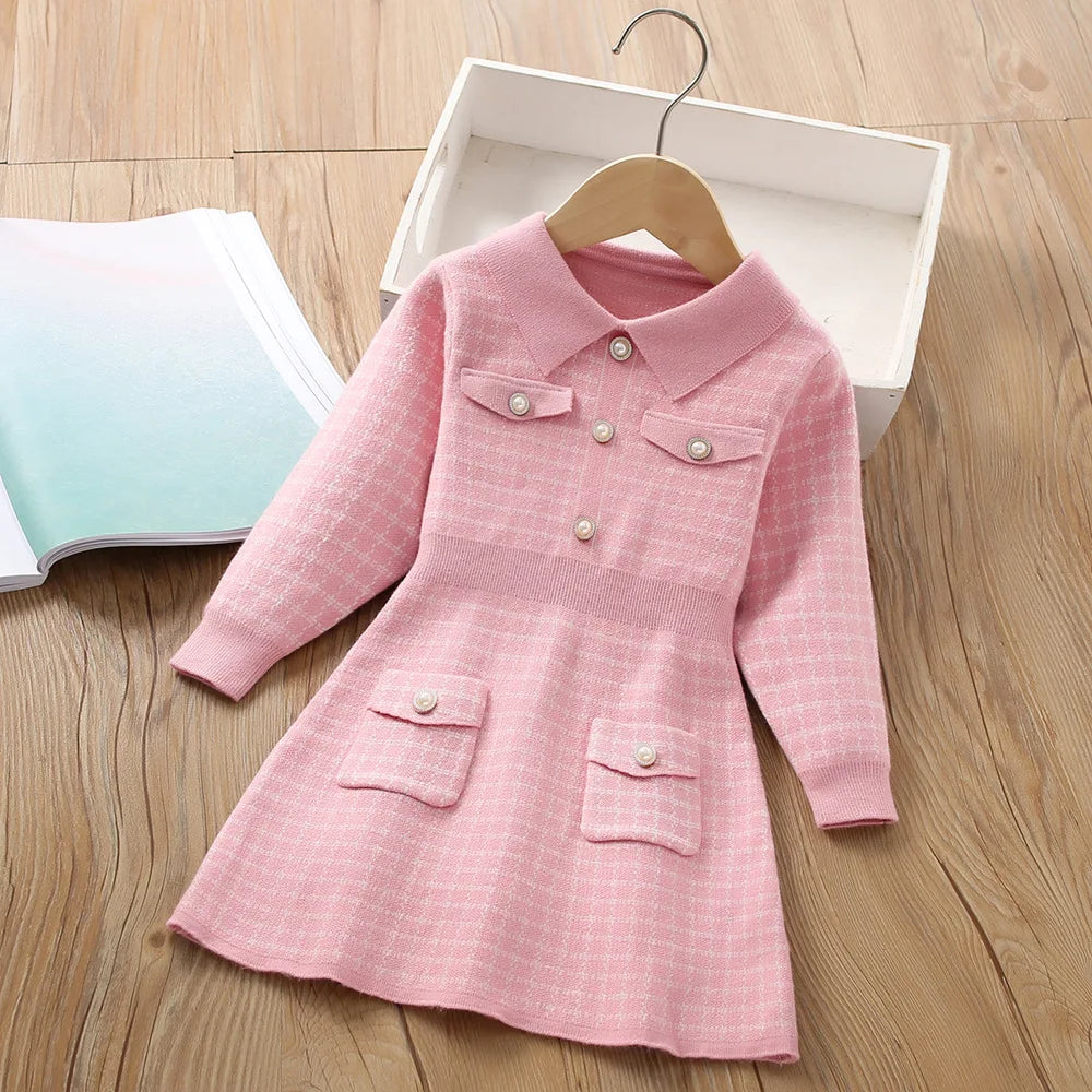Girls Dress Winter Knitting Sweater Dress Autumn Long Sleeve Princess Dress Vestidos Warm Toddler Girl Clothes Kids Clothing plaid pink