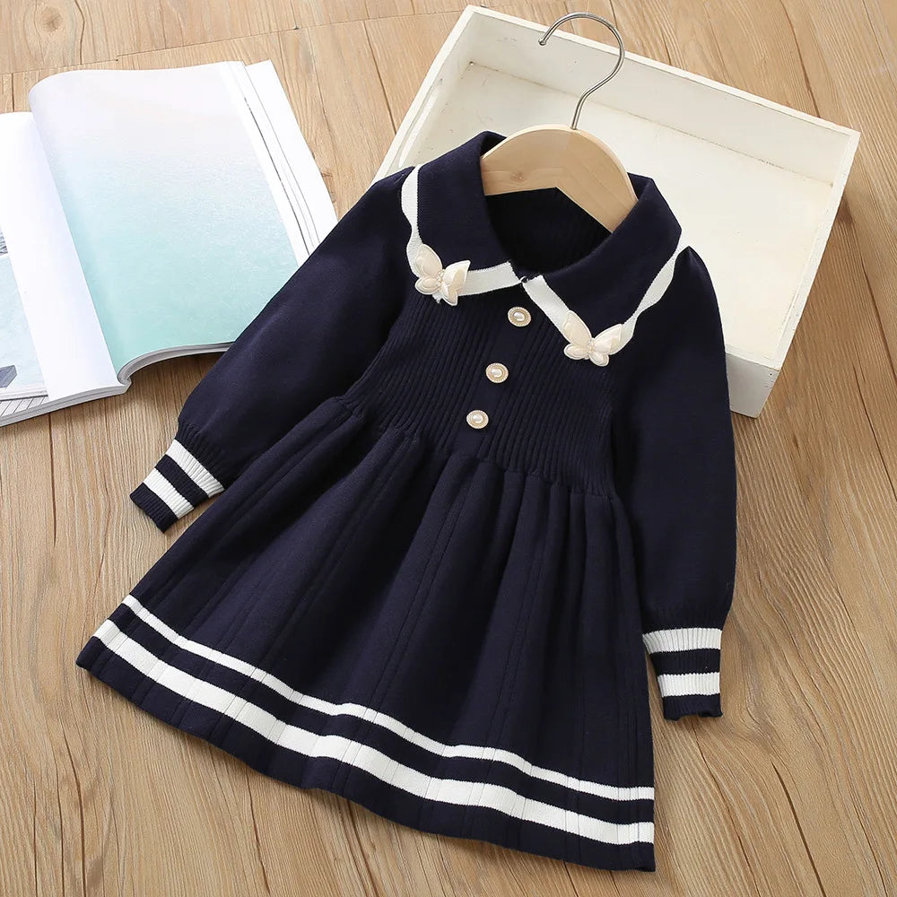 Girls Dress Winter Knitting Sweater Dress Autumn Long Sleeve Princess Dress Vestidos Warm Toddler Girl Clothes Kids Clothing butterfly navy