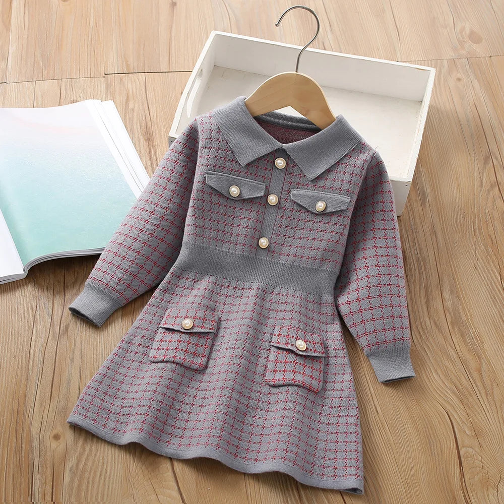 Girls Dress Winter Knitting Sweater Dress Autumn Long Sleeve Princess Dress Vestidos Warm Toddler Girl Clothes Kids Clothing plaid grey