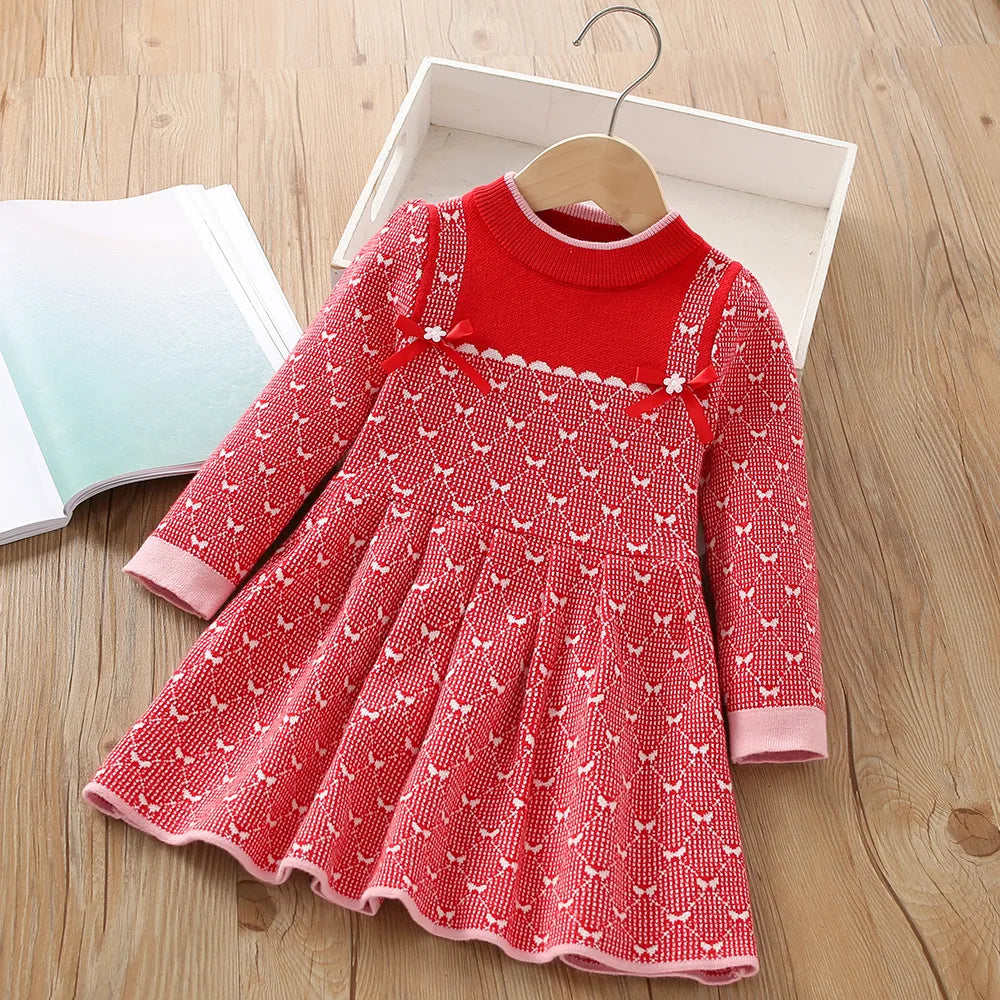 Girls Dress Winter Knitting Sweater Dress Autumn Long Sleeve Princess Dress Vestidos Warm Toddler Girl Clothes Kids Clothing princess red