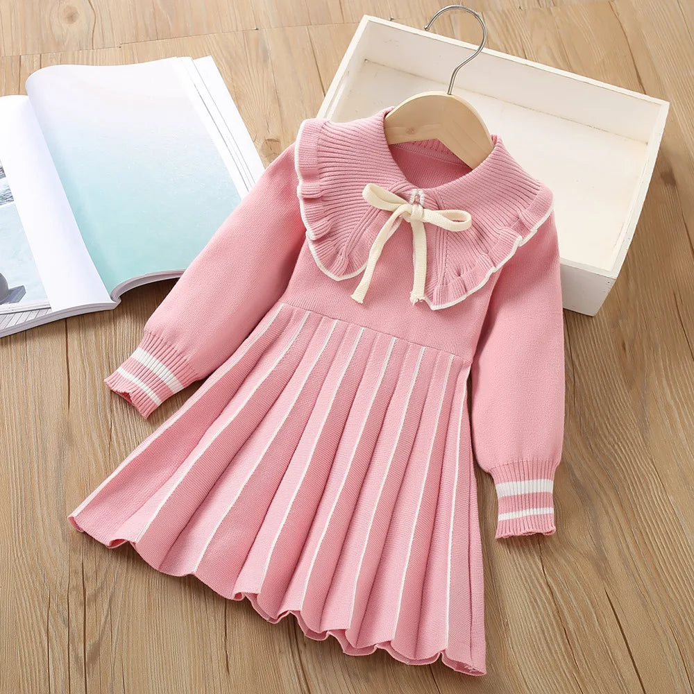 Girls Dress Winter Knitting Sweater Dress Autumn Long Sleeve Princess Dress Vestidos Warm Toddler Girl Clothes Kids Clothing bow pink