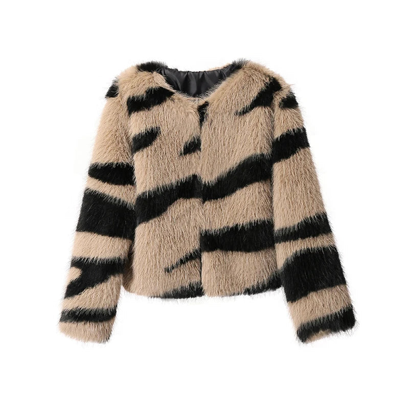 Girls Fluffy Zebra Fur Coat Women Harajuku Street Fashion Casual Faux Fox Fur Jacket Female Winter Thick Warm Overcoats khaki zebra coat