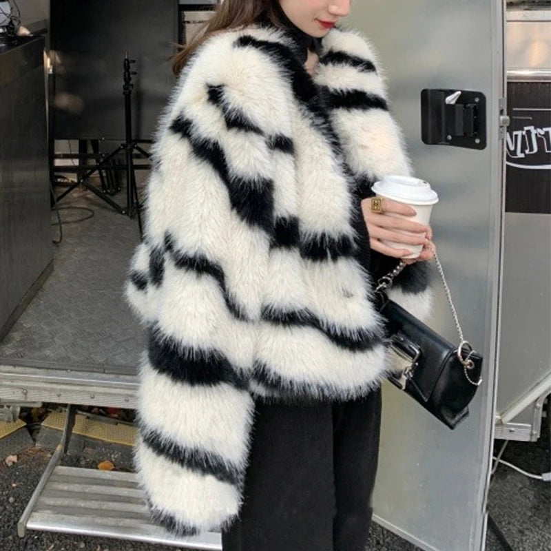 Girls Fluffy Zebra Fur Coat Women Harajuku Street Fashion Casual Faux Fox Fur Jacket Female Winter Thick Warm Overcoats