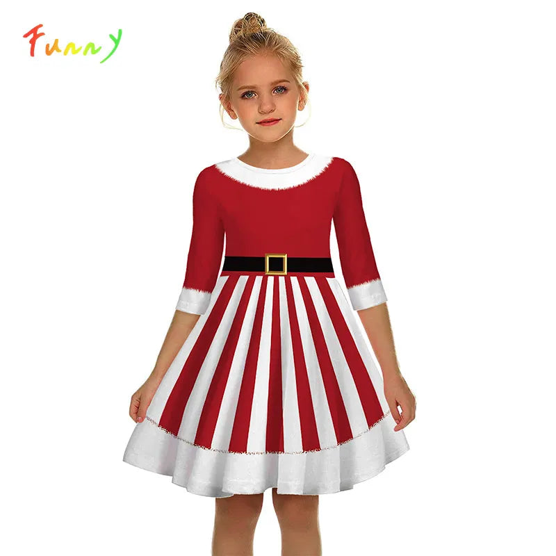 Girls Kids Christmas Dress Teen Half Sleeve 3D Print Xmas Swing Dress Girls Clothes Vestidos Children New Year Outfit 8-12 Years