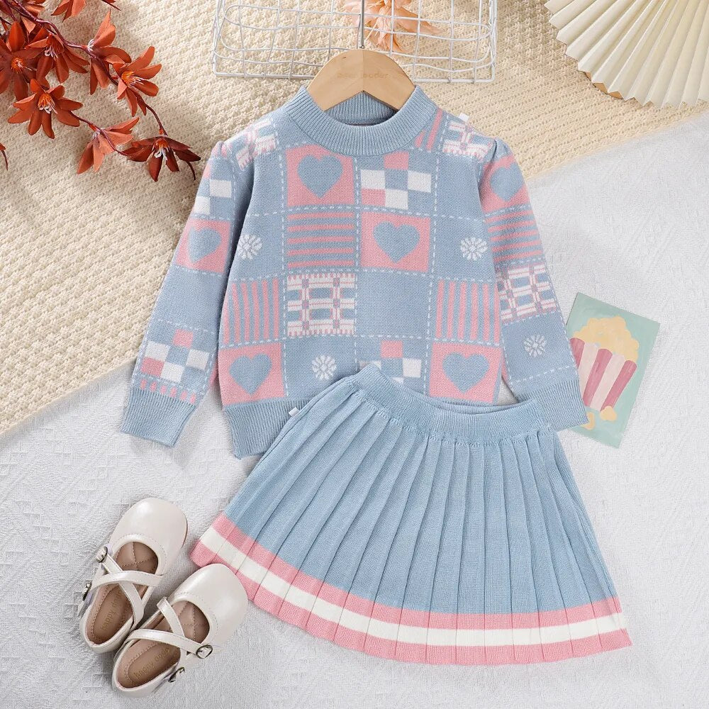 Girls Sweater Set Autumn Long Sleeve Knit Set New Girls V-Neck Little Bear Printed Knit Top+Pleated Skirt Two Piece Set AM2595B