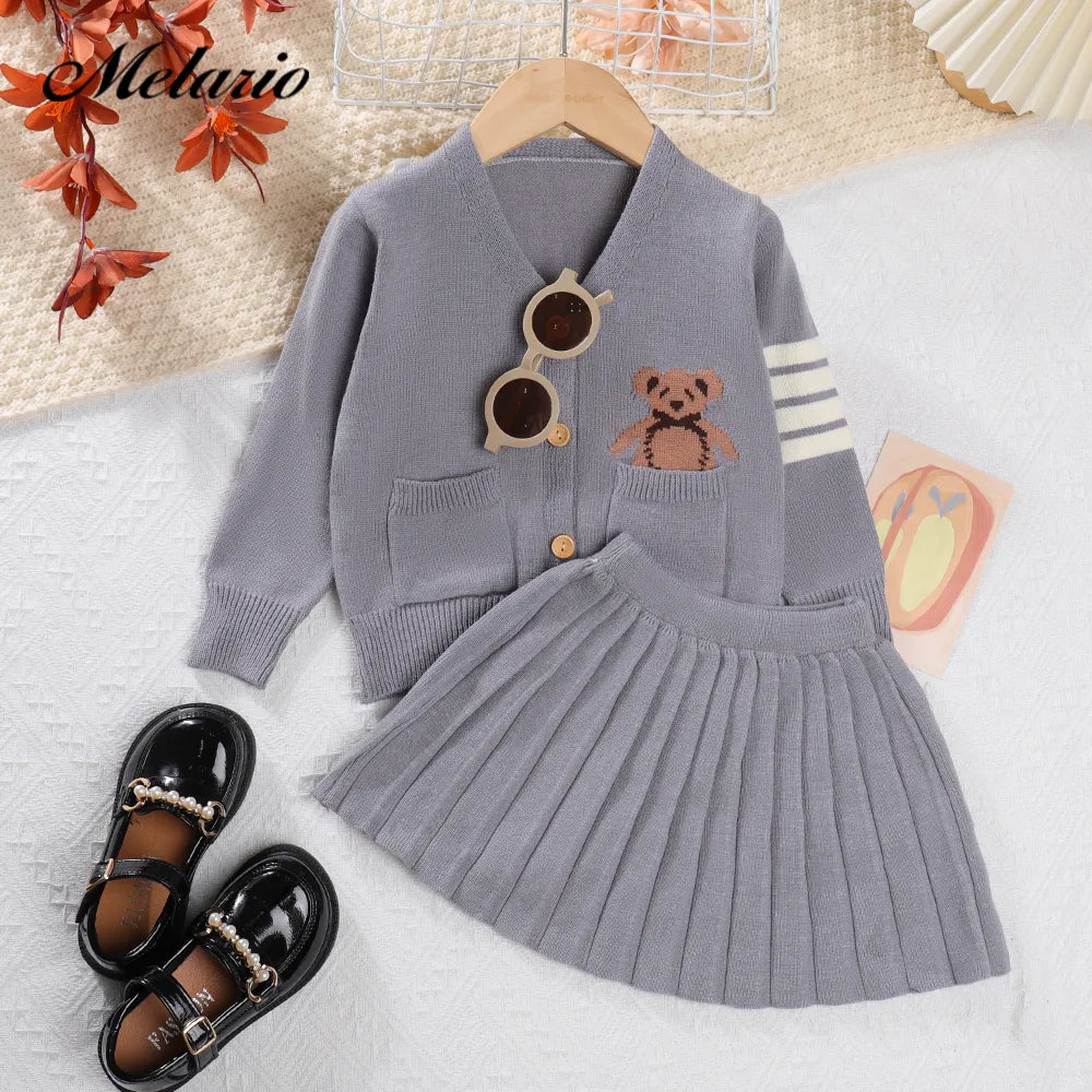 Girls Sweater Set Autumn Long Sleeve Knit Set New Girls V-Neck Little Bear Printed Knit Top+Pleated Skirt Two Piece Set