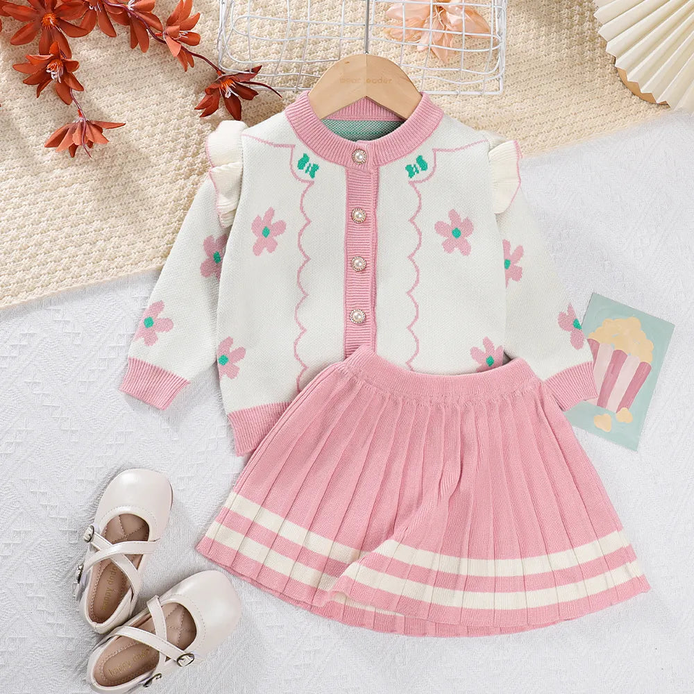 Girls Sweater Set Autumn Long Sleeve Knit Set New Girls V-Neck Little Bear Printed Knit Top+Pleated Skirt Two Piece Set AM2590I