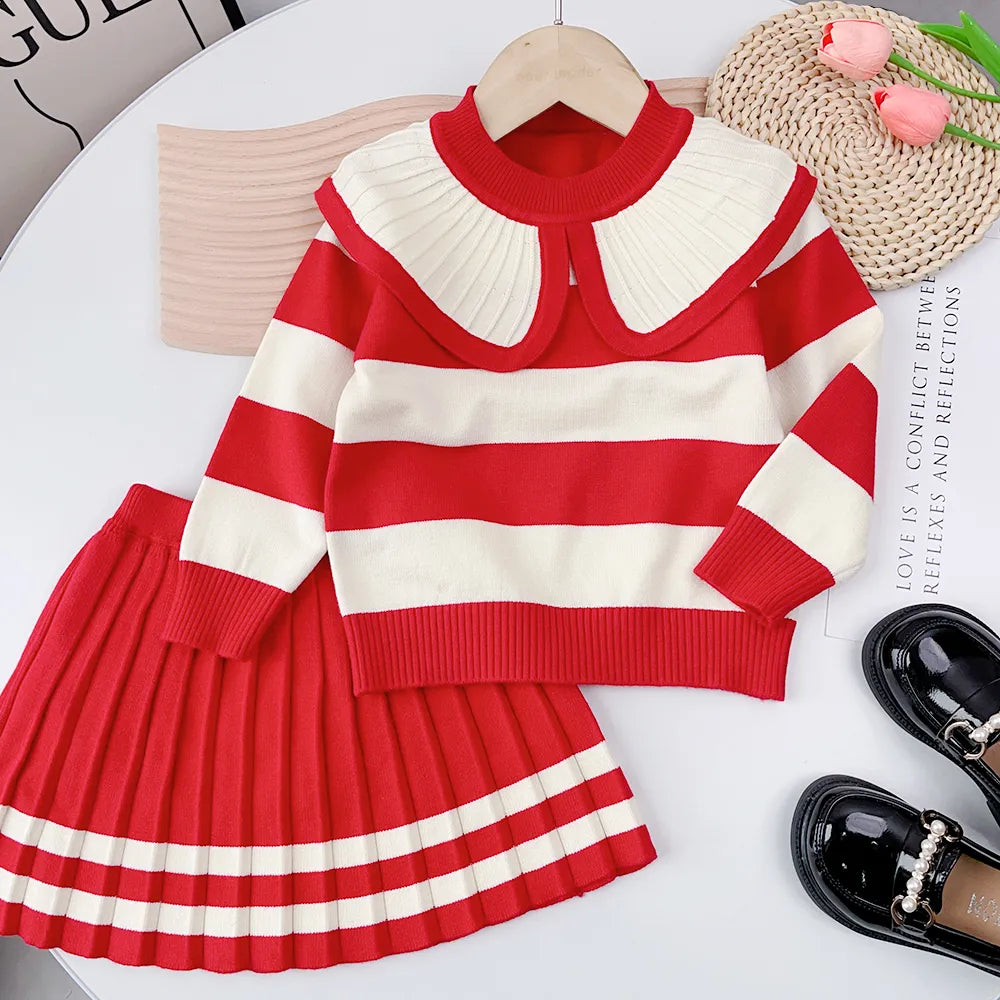 Girls Sweater Set Autumn Long Sleeve Knit Set New Girls V-Neck Little Bear Printed Knit Top+Pleated Skirt Two Piece Set AM2639H
