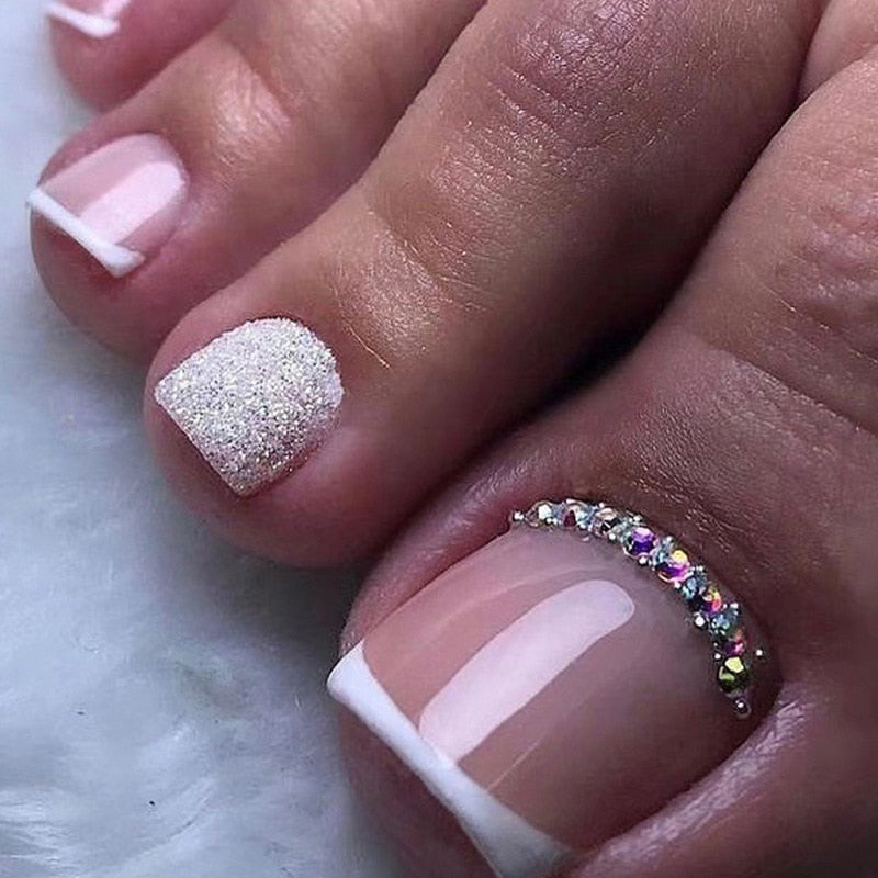 Glitter Crystal French Press On Toenails Diamond Decor False Toe Nails Square Head Artificial Nails Patch For Feet H1