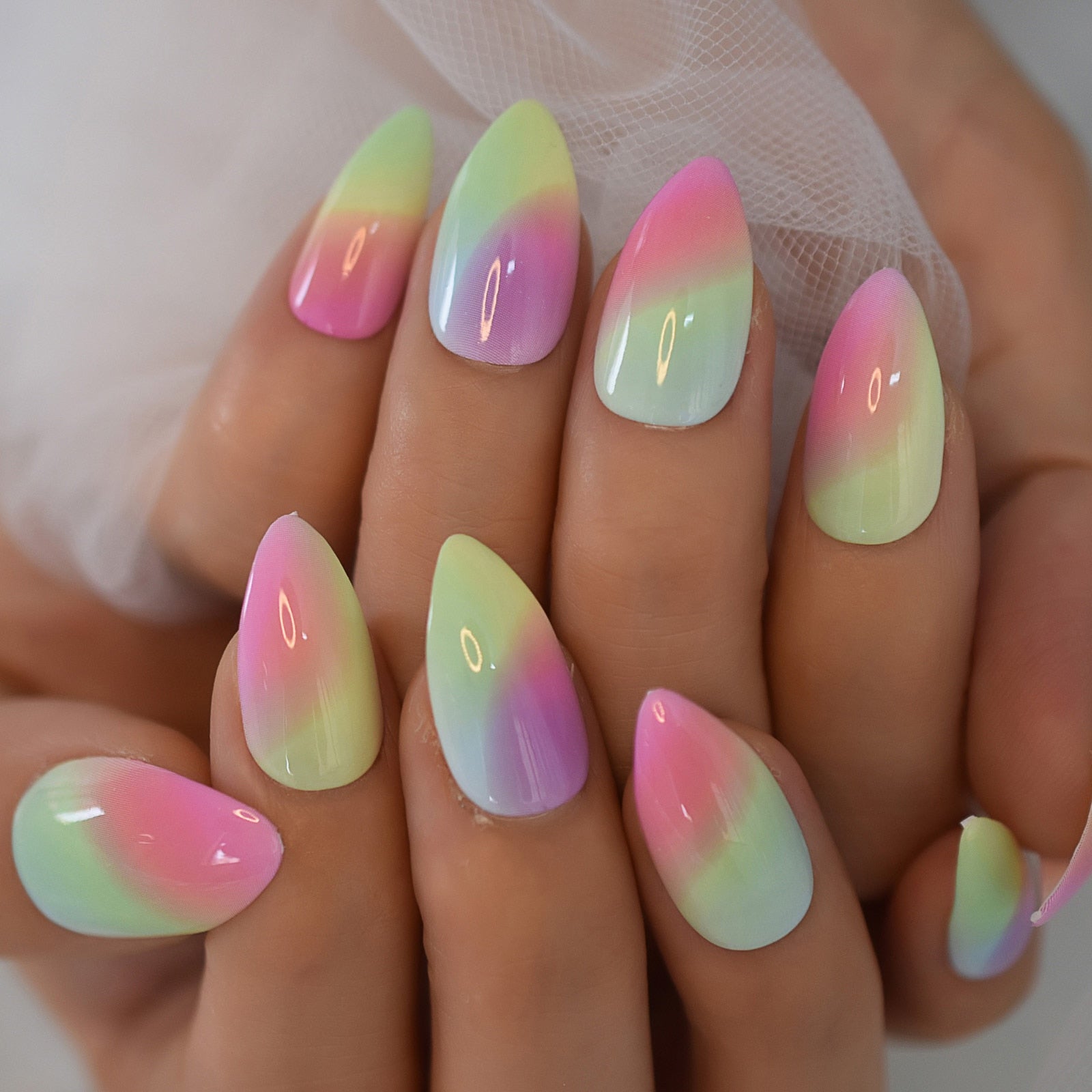 Glossy Gradient Rainbow Ombre French Press on Nails Almond Fake Nails Stiletto Oval Pointed Manicure False Nails Finger Tips