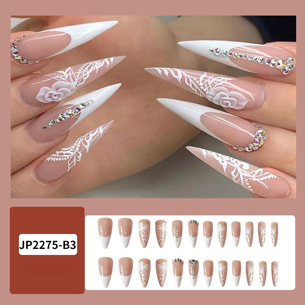 Glossy Pink Wearable Nail Art Blue Rhinestone Extra Long Ballet Detachable Finished False Nails Press on Nails with Glue MT588JP2275B3