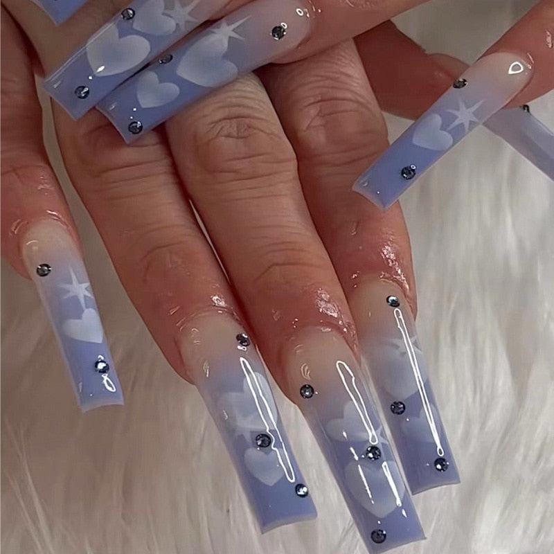 Glossy Pink Wearable Nail Art Blue Rhinestone Extra Long Ballet Detachable Finished False Nails Press on Nails with Glue MT681JP1596