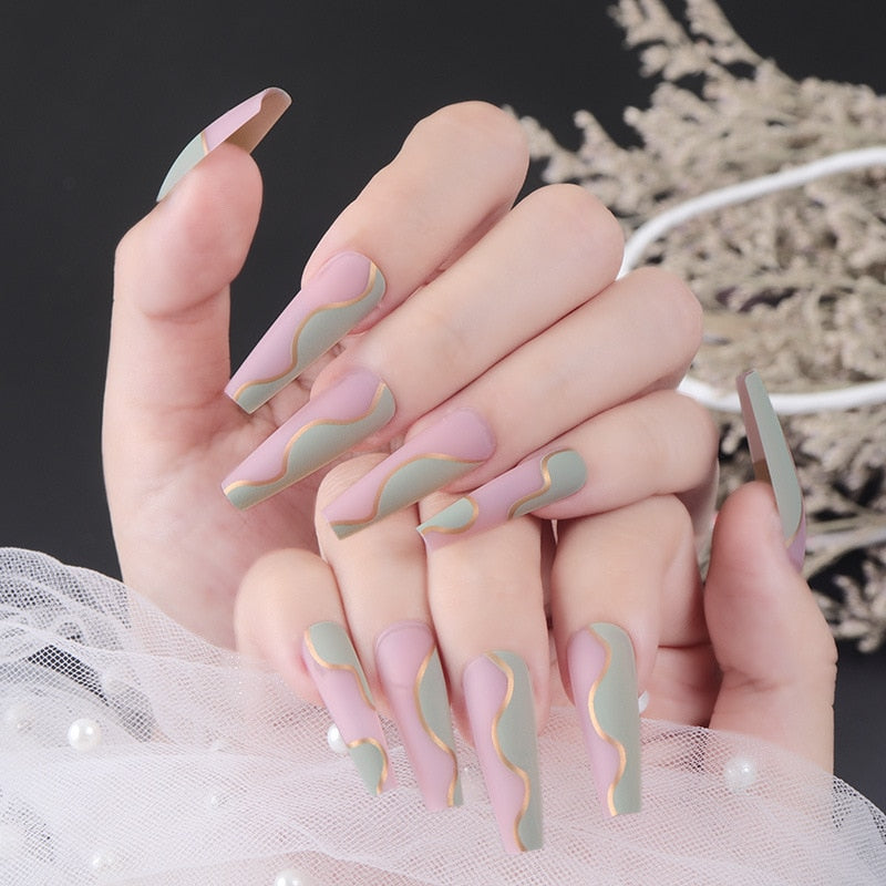 Glossy Pink Wearable Nail Art Blue Rhinestone Extra Long Ballet Detachable Finished False Nails Press on Nails with Glue MT816CBLCYK09