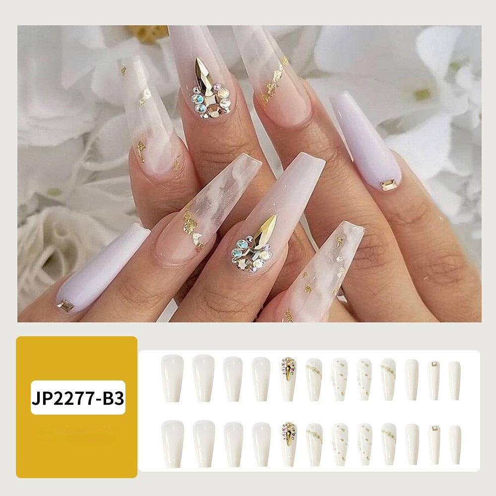 Glossy Pink Wearable Nail Art Blue Rhinestone Extra Long Ballet Detachable Finished False Nails Press on Nails with Glue MT589JP2277B3