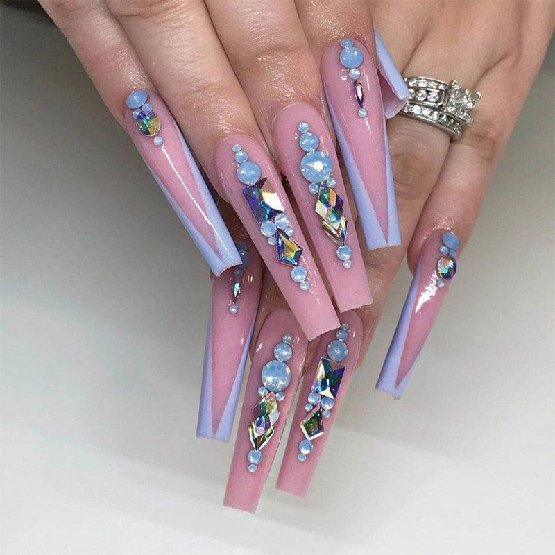 Glossy Pink Wearable Nail Art Blue Rhinestone Extra Long Ballet Detachable Finished False Nails Press on Nails with Glue AMAIO