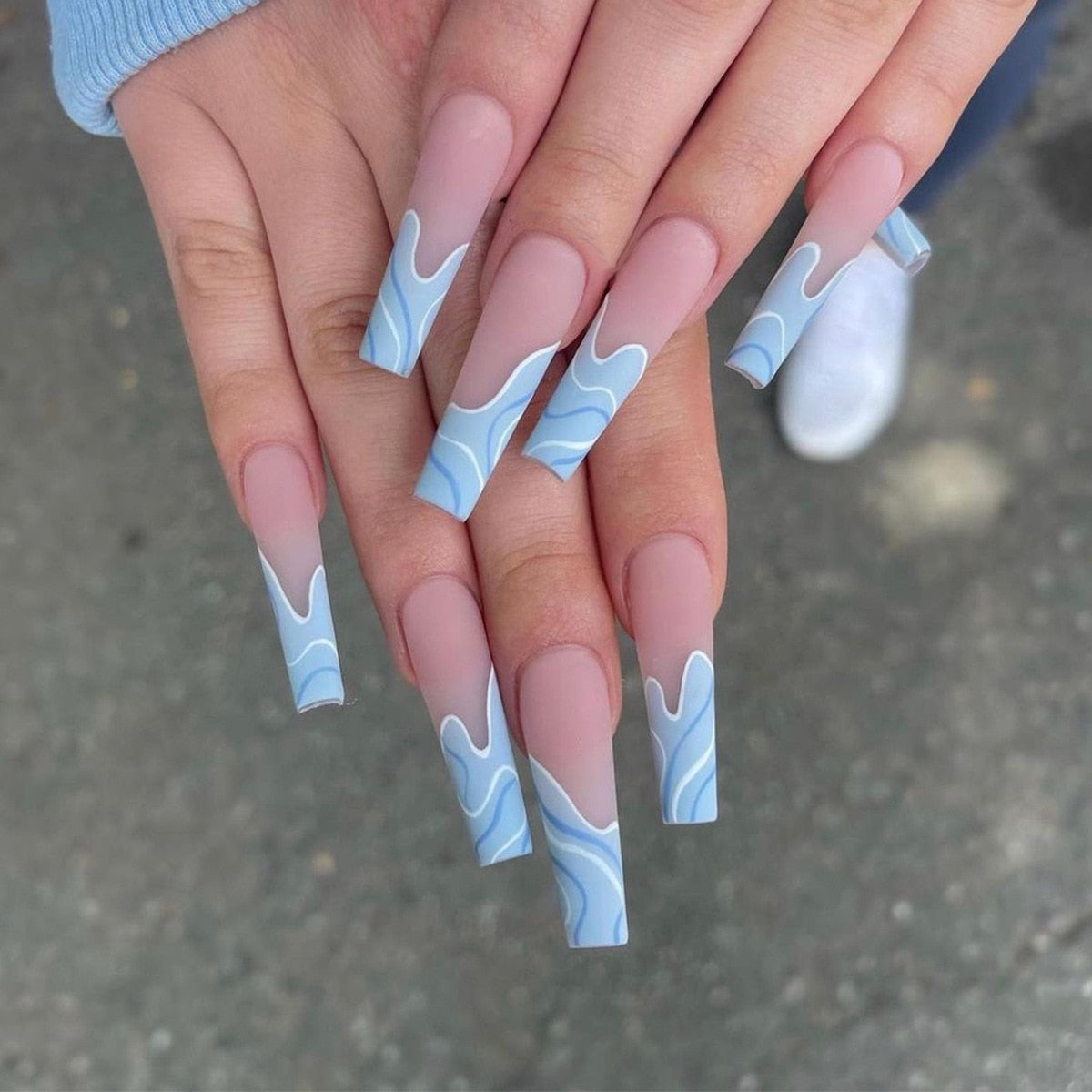 Glossy Pink Wearable Nail Art Blue Rhinestone Extra Long Ballet Detachable Finished False Nails Press on Nails with Glue MT673JP1408