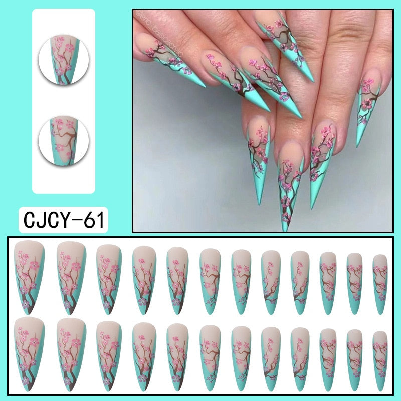 Glossy Pink Wearable Nail Art Blue Rhinestone Extra Long Ballet Detachable Finished False Nails Press on Nails with Glue MT792CJCY61