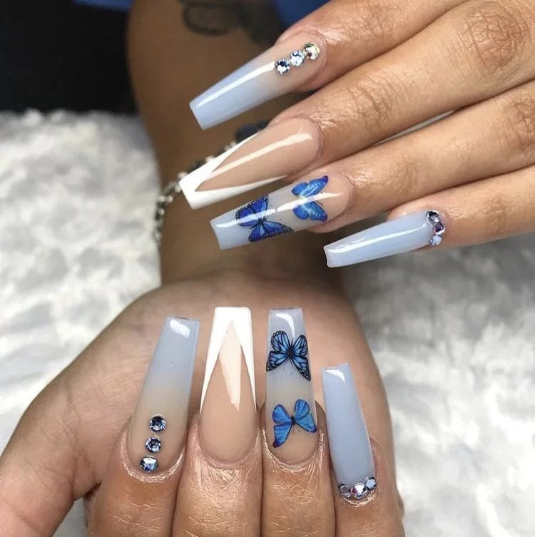 Glossy Pink Wearable Nail Art Blue Rhinestone Extra Long Ballet Detachable Finished False Nails Press on Nails with Glue MT797CBLCY29