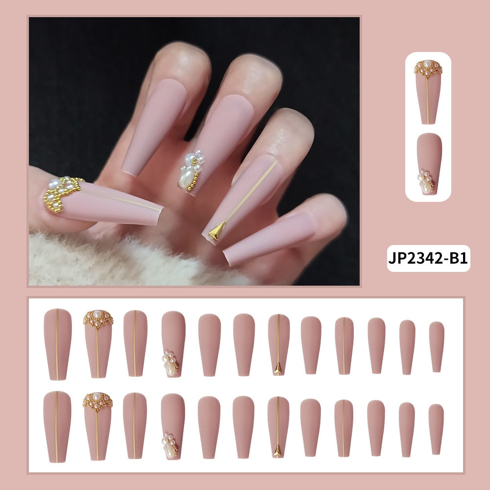 Glossy Pink Wearable Nail Art Blue Rhinestone Extra Long Ballet Detachable Finished False Nails Press on Nails with Glue MT583JP2342B1