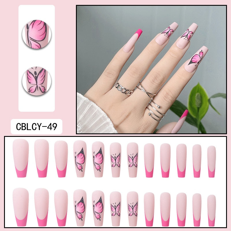 Glossy Pink Wearable Nail Art Blue Rhinestone Extra Long Ballet Detachable Finished False Nails Press on Nails with Glue MT808CBLCY49