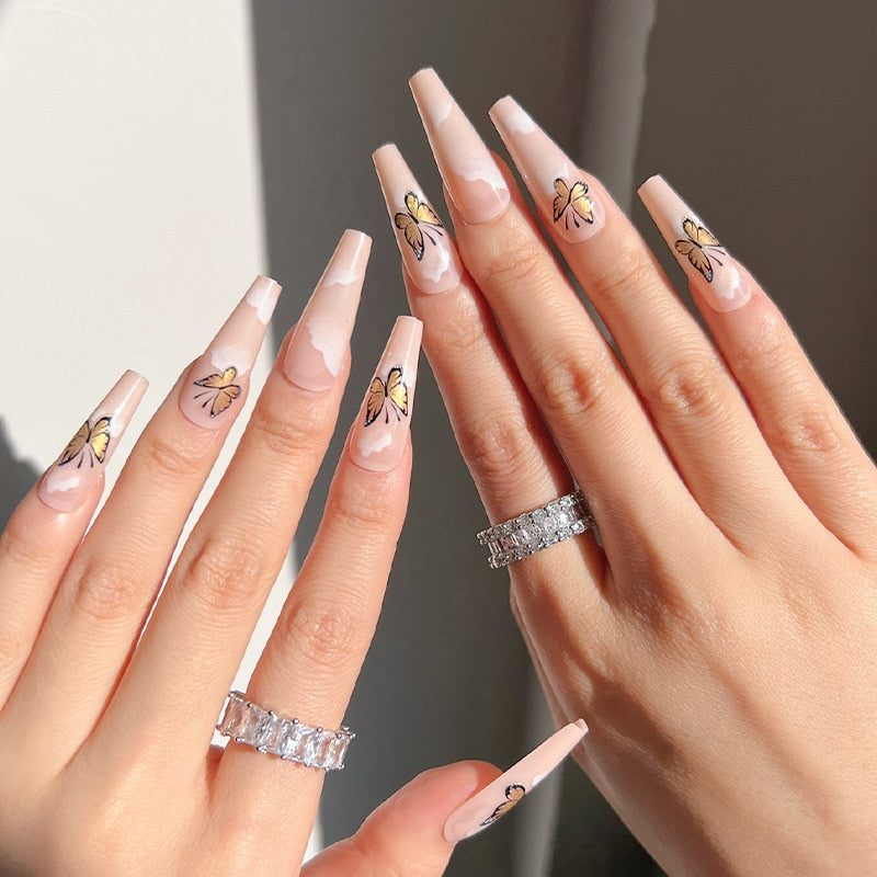 Glossy Pink Wearable Nail Art Blue Rhinestone Extra Long Ballet Detachable Finished False Nails Press on Nails with Glue MT668JP1450