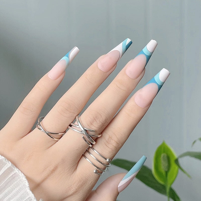 Glossy Pink Wearable Nail Art Blue Rhinestone Extra Long Ballet Detachable Finished False Nails Press on Nails with Glue MT810CBLCY66