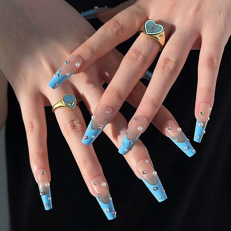 Glossy Pink Wearable Nail Art Blue Rhinestone Extra Long Ballet Detachable Finished False Nails Press on Nails with Glue MT705JP1569