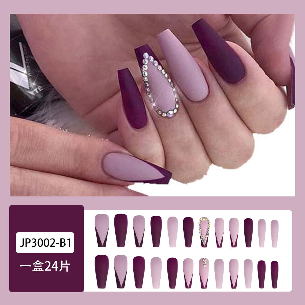 Glossy Pink Wearable Nail Art Blue Rhinestone Extra Long Ballet Detachable Finished False Nails Press on Nails with Glue MT580JP3002B1V