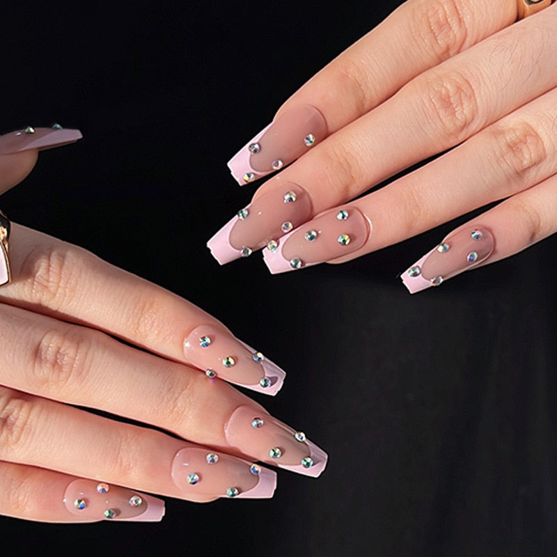 Glossy Pink Wearable Nail Art Blue Rhinestone Extra Long Ballet Detachable Finished False Nails Press on Nails with Glue MT699JP1568