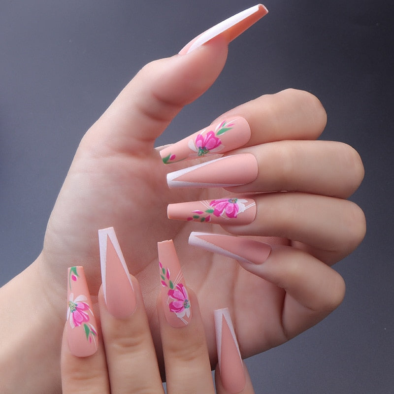 Glossy Pink Wearable Nail Art Blue Rhinestone Extra Long Ballet Detachable Finished False Nails Press on Nails with Glue MT814CBLCY59