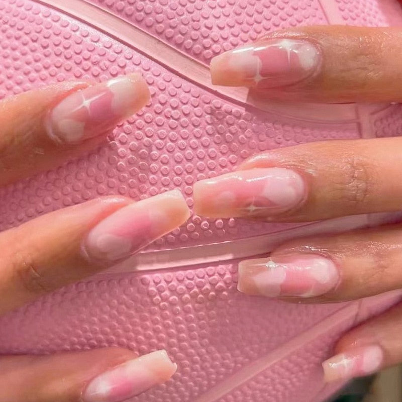 Glossy Pink Wearable Nail Art Blue Rhinestone Extra Long Ballet Detachable Finished False Nails Press on Nails with Glue MT677JP1604
