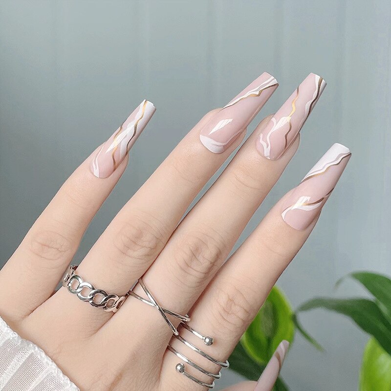 Glossy Pink Wearable Nail Art Blue Rhinestone Extra Long Ballet Detachable Finished False Nails Press on Nails with Glue MT817CBLCY65