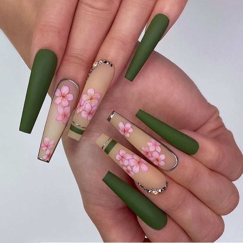 Glossy Pink Wearable Nail Art Blue Rhinestone Extra Long Ballet Detachable Finished False Nails Press on Nails with Glue MT795CBLCY35