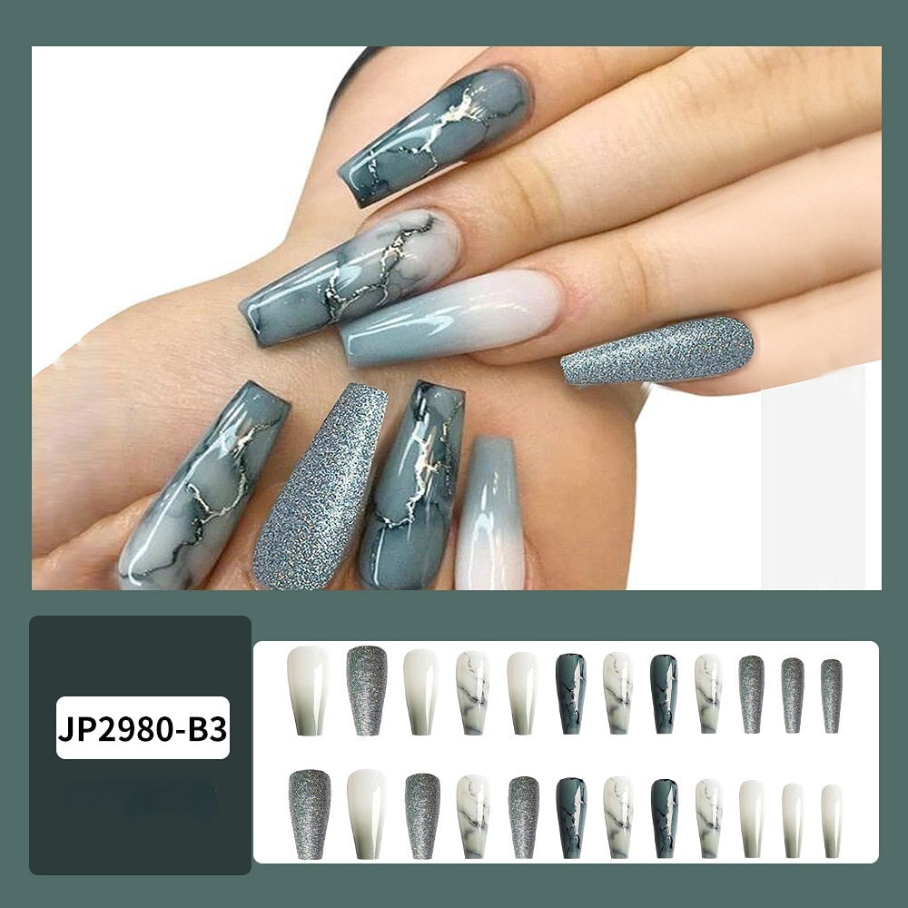 Glossy Pink Wearable Nail Art Blue Rhinestone Extra Long Ballet Detachable Finished False Nails Press on Nails with Glue MT581JP2980B3