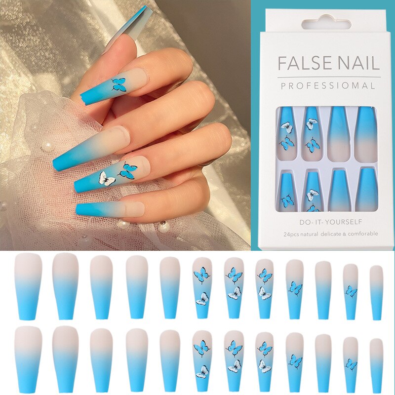 Glossy Pink Wearable Nail Art Blue Rhinestone Extra Long Ballet Detachable Finished False Nails Press on Nails with Glue MT807CBLCY06