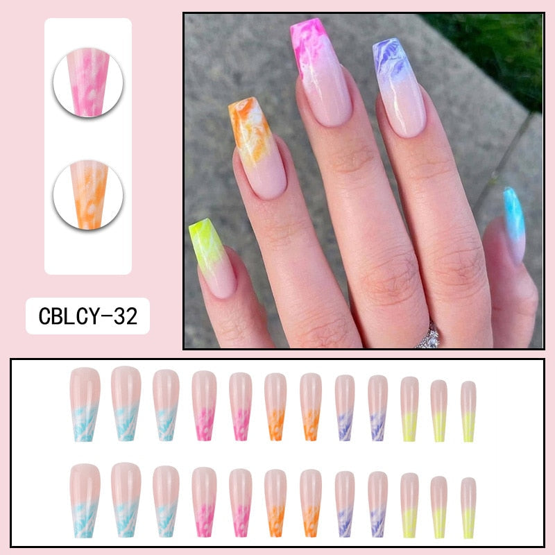 Glossy Pink Wearable Nail Art Blue Rhinestone Extra Long Ballet Detachable Finished False Nails Press on Nails with Glue MT790CBLCY32