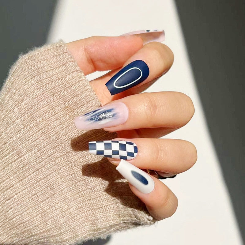 Glossy Pink Wearable Nail Art Blue Rhinestone Extra Long Ballet Detachable Finished False Nails Press on Nails with Glue MT670JP1533