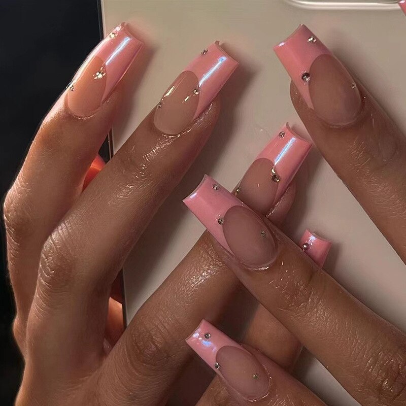 Glossy Pink Wearable Nail Art Blue Rhinestone Extra Long Ballet Detachable Finished False Nails Press on Nails with Glue MT704JP1564