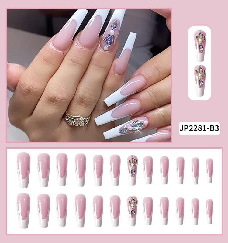 Glossy Pink Wearable Nail Art Blue Rhinestone Extra Long Ballet Detachable Finished False Nails Press on Nails with Glue MT590JP2281B3