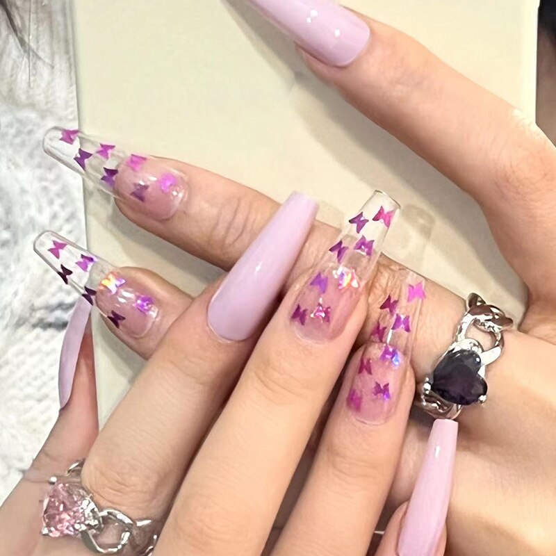 Glossy Pink Wearable Nail Art Blue Rhinestone Extra Long Ballet Detachable Finished False Nails Press on Nails with Glue MT679JP1196