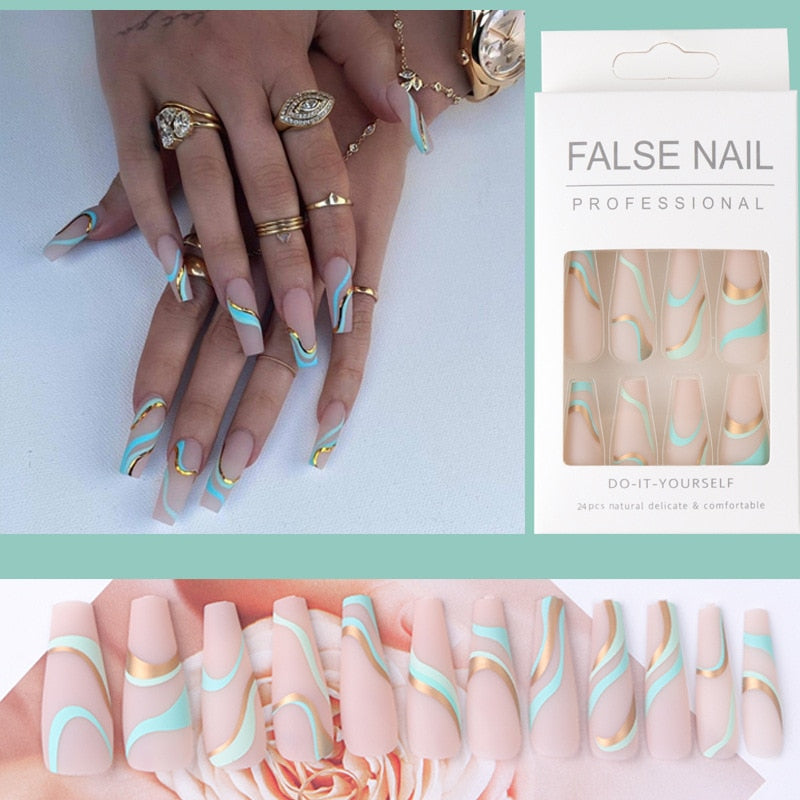 Glossy Pink Wearable Nail Art Blue Rhinestone Extra Long Ballet Detachable Finished False Nails Press on Nails with Glue MT791CBLCY19