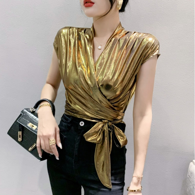 Gold Silver Green Shinny Sleeveless T Shirt Women Sexy Streetwear Sexy Irregular Short Wrap T-shirt Female Summer