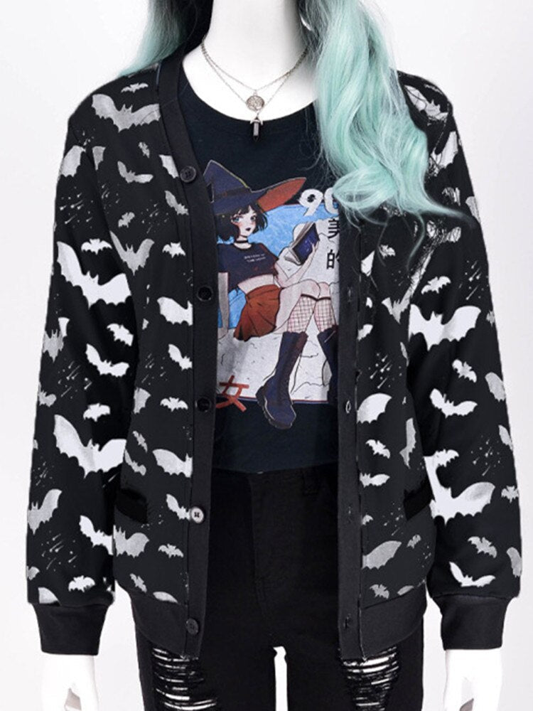 Gothic Black Bat Print Ladies Jacket Fall Loose Casual Zip-Up Top Y2K Party Fashion Top