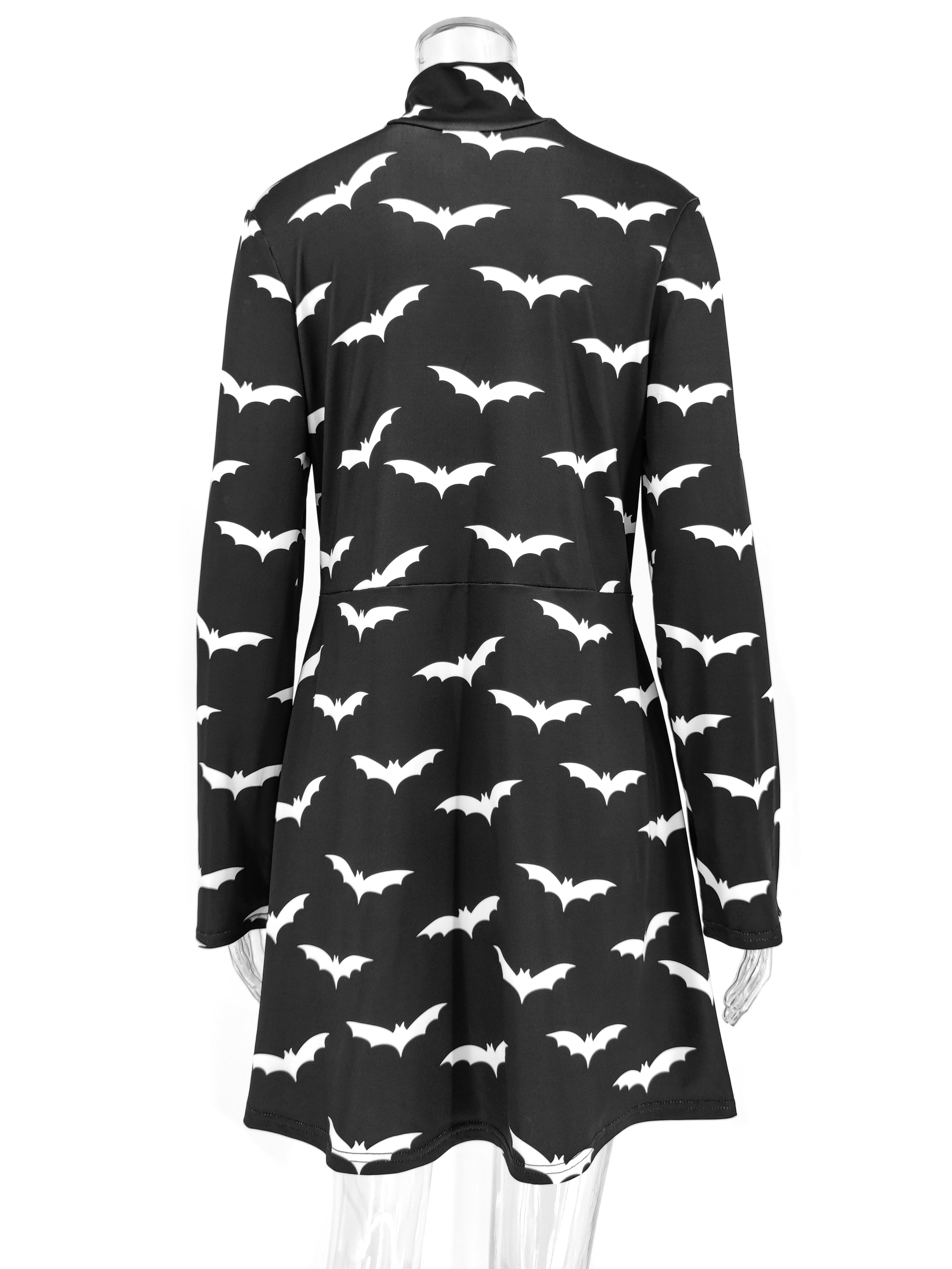 Gothic Black Bat Printed Dress Tutleneck for Women Long Sleeve Spring Fall Punk Vestidos Party Outfits Soft Clothes